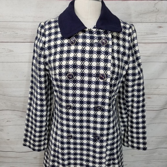 Vintage 1960s Ronnie Sophisticates Navy White Mod Geometric Double Breasted Coat - Picture 4 of 16